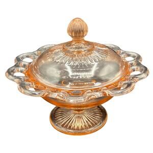 Vtg OLD COLONY Depression Glass Lace edge open lace pink footed bowl with lid